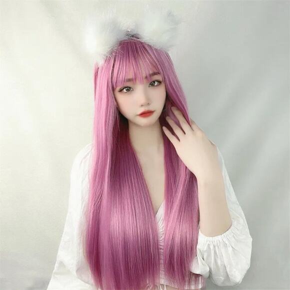 2/$30 NEW Long Straight Pink Wig with Bangs Role CosPlay Dress Up Halloween - Picture 4 of 5